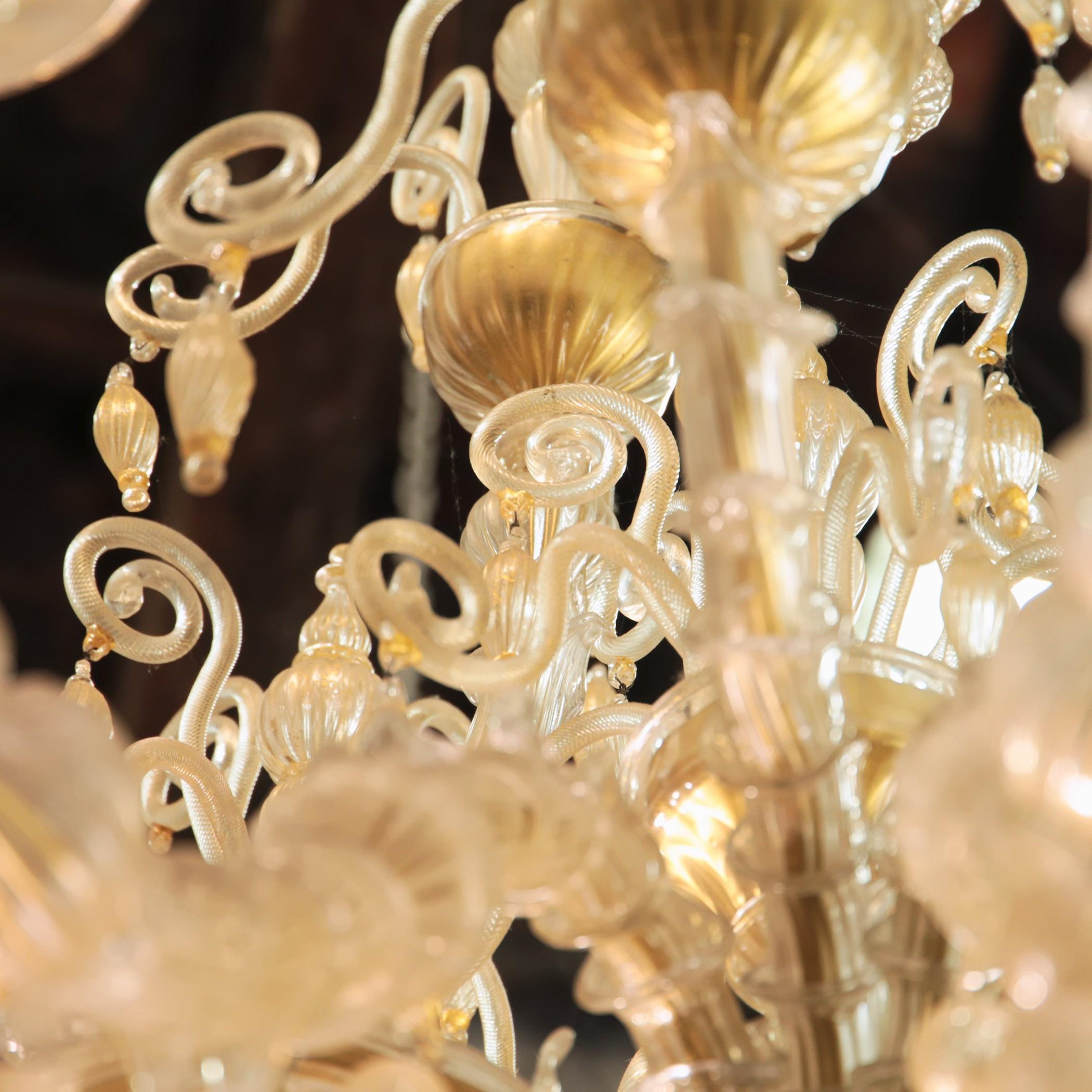 Art Glass Cesare Toso Pearl Rezzonico Chandelier 9 Arms All in Gold Leaf over Clear, 1980s