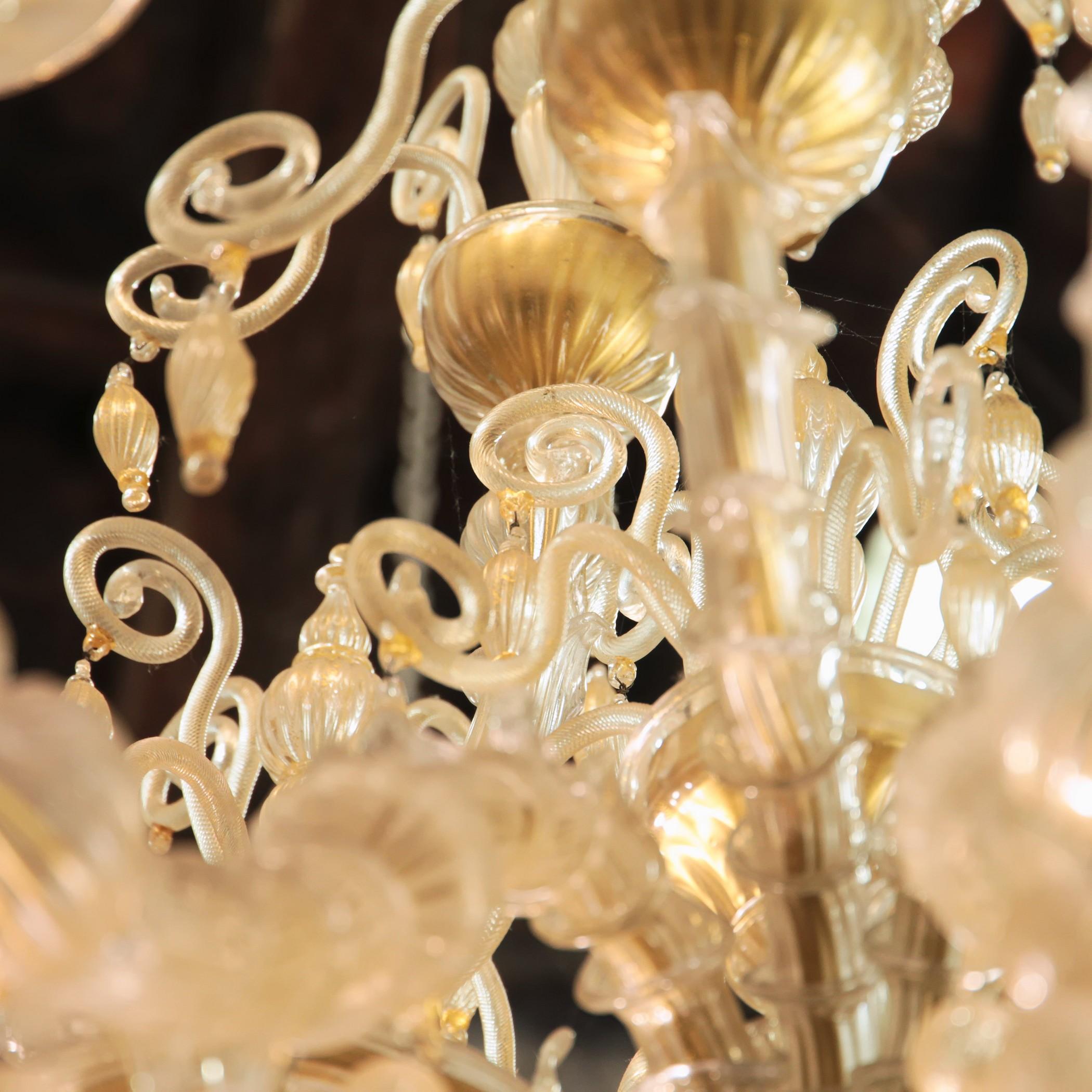 Cesare Toso Pearl Rezzonico Chandelier 9 Arms All in Gold Leaf over Clear, 1980s 1