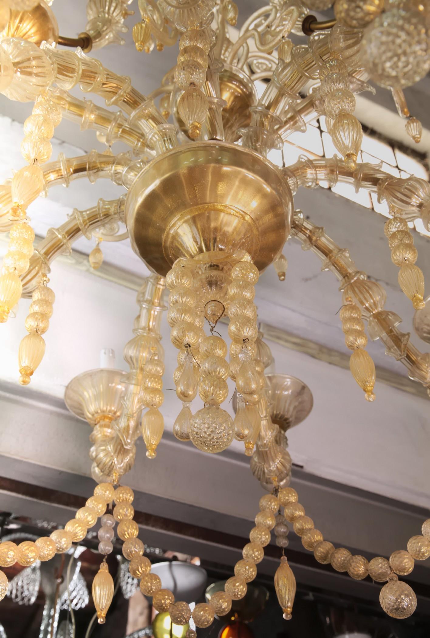Cesare Toso Pearl Rezzonico Chandelier 9 Arms All in Gold Leaf over Clear, 1980s 1
