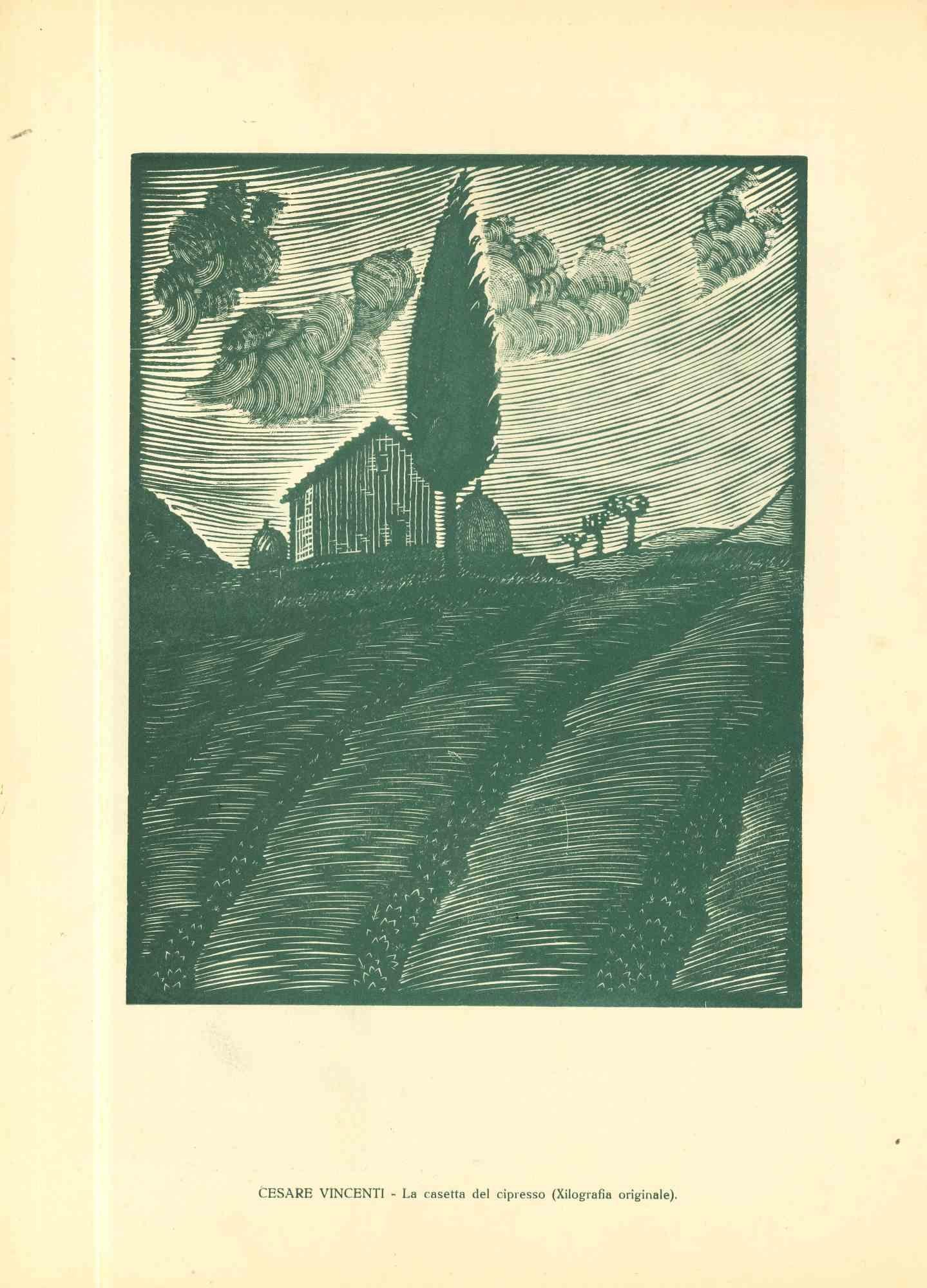 La Casetta del Cipresso (translated "House by the Cypress")is an original woodcut print realized by Cesare Vincenti in the early 20th century.

Good conditions.

The artwork is depicted through strong strokes in a well-balanced composition.
