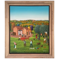 Cesarean Marchesini "Olive Harvest in Tuscany" 2002 Oil on Canvas Signed