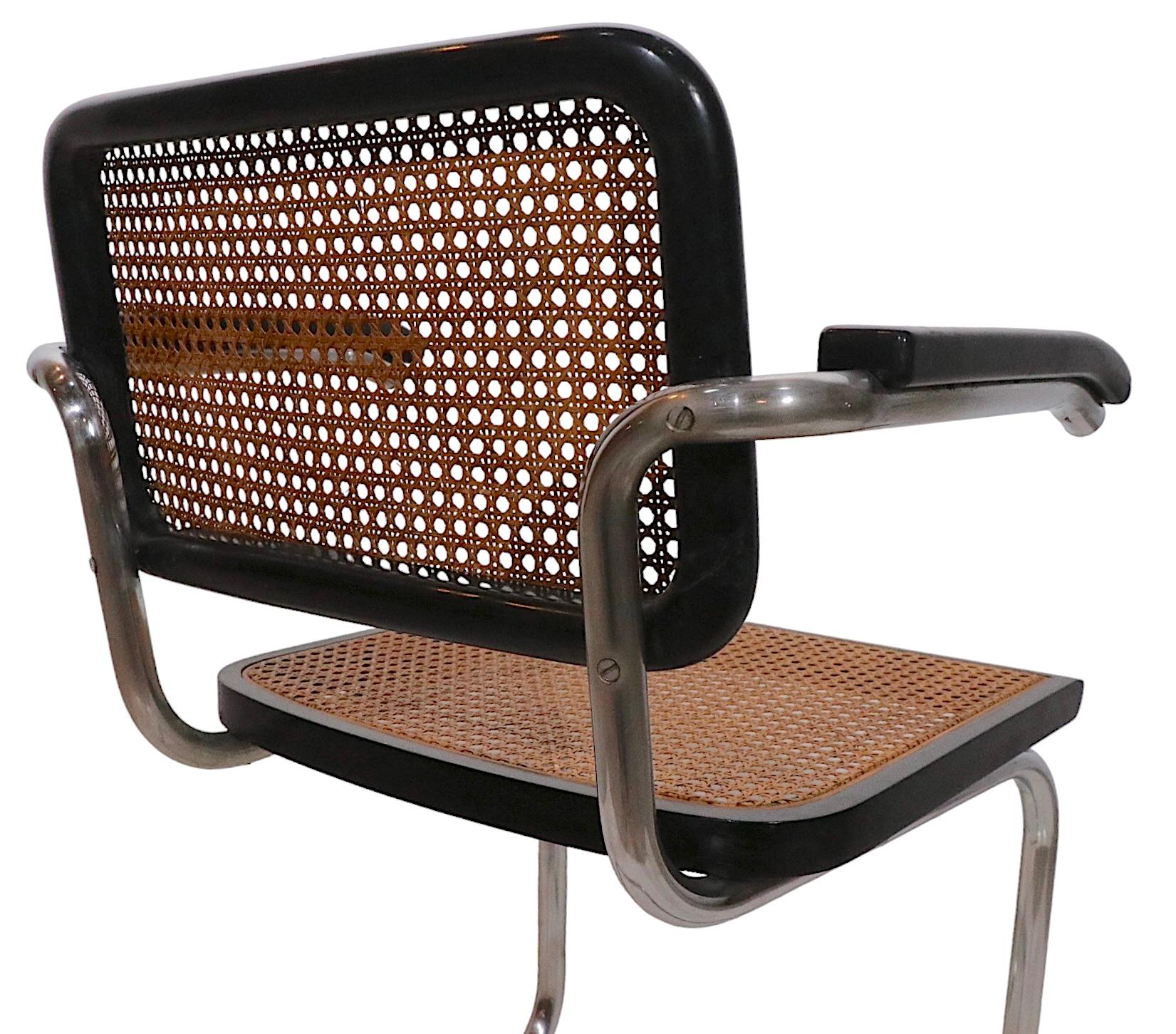International Style Cesca Arm Chairs Black Chrome and Cane Designed by Breuer Made in Italy, 1970s