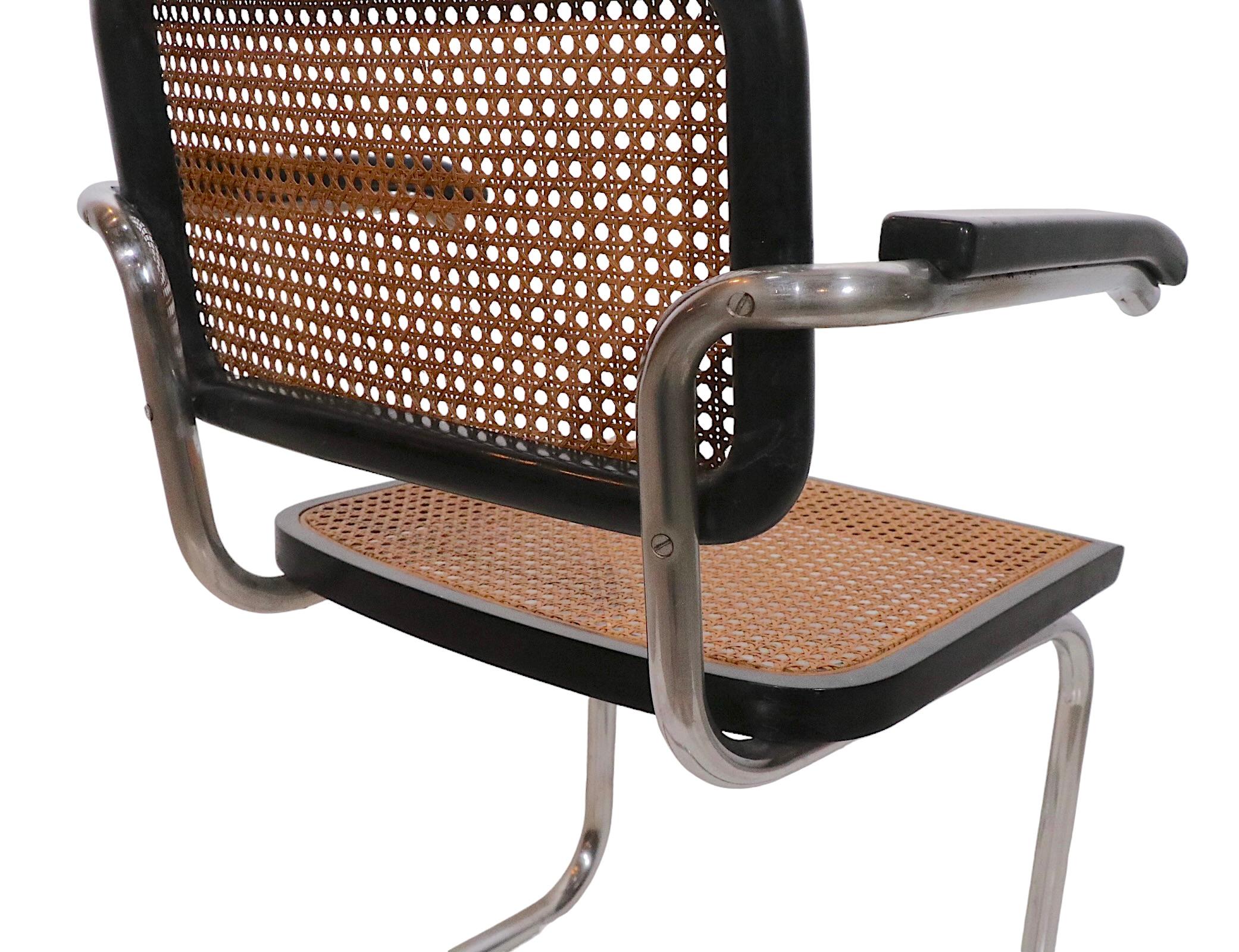 Italian Cesca Arm Chairs Black Chrome and Cane Designed by Breuer Made in Italy, 1970s