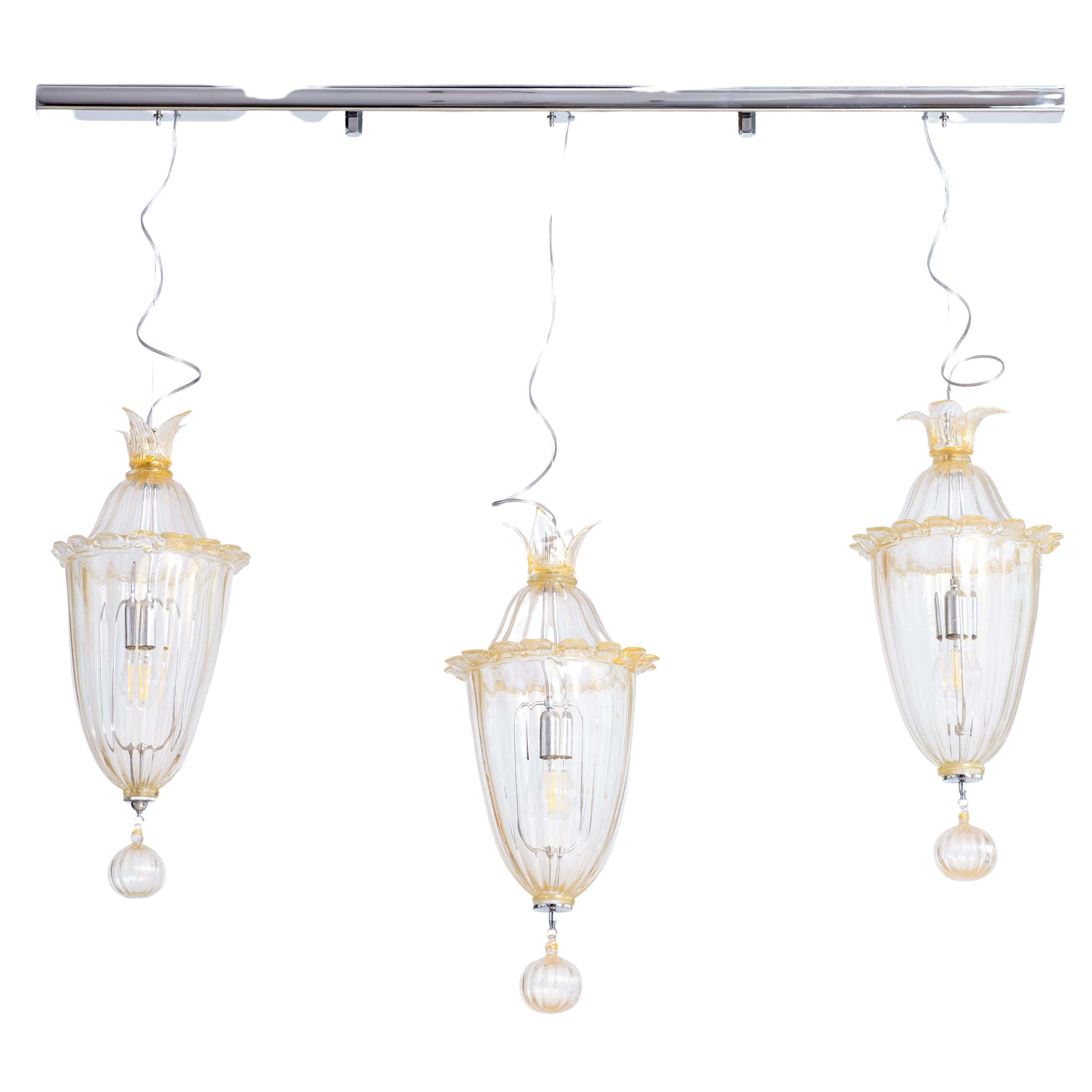 Italian Suspension Lamp with Gold Finishes in blown Murano Glass Contemporary Italy For Sale