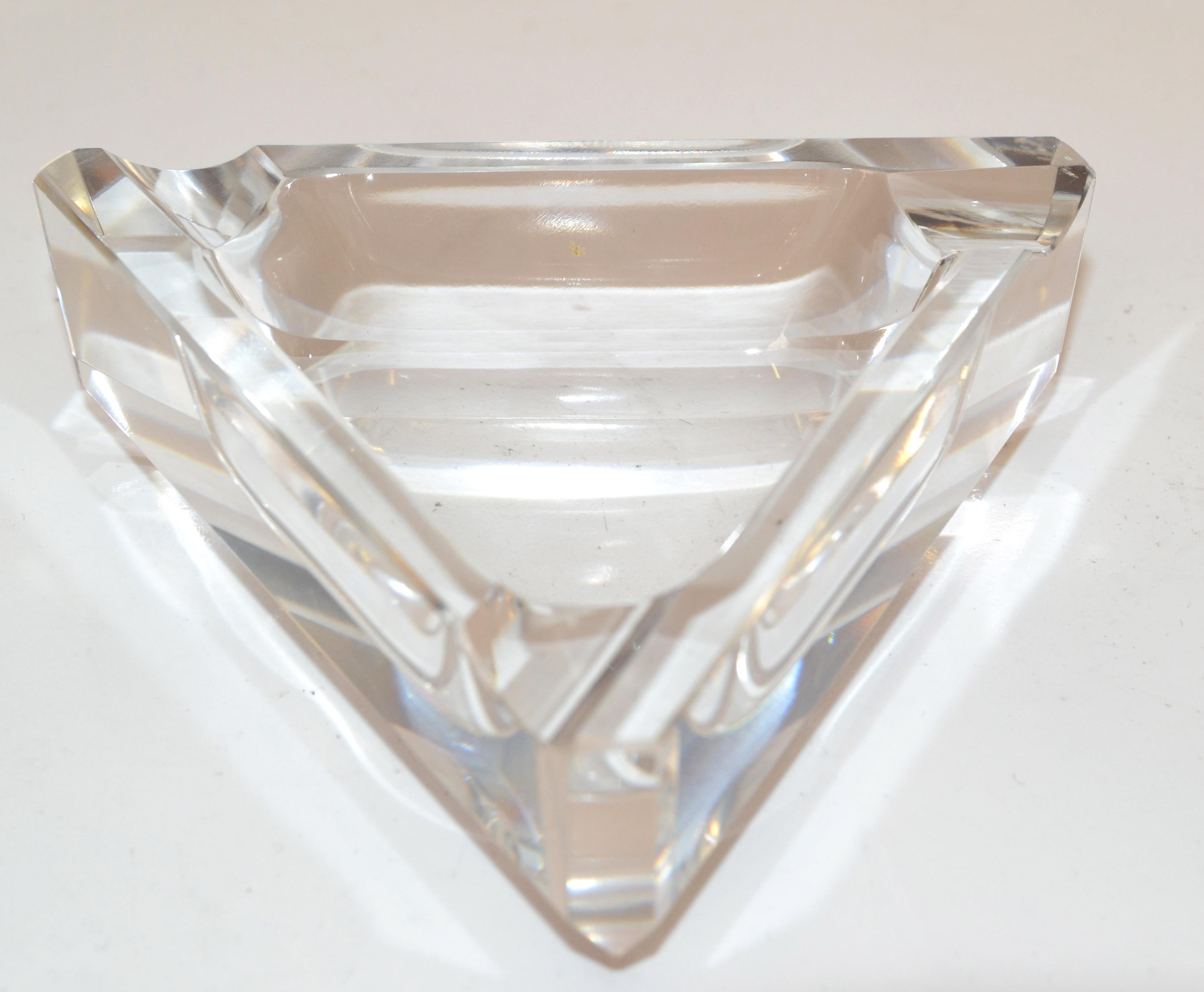 Czech Ceska Crystal Prism Cut Triangle Ashtray Beveled Edges Art Deco Bohemian Glass  For Sale
