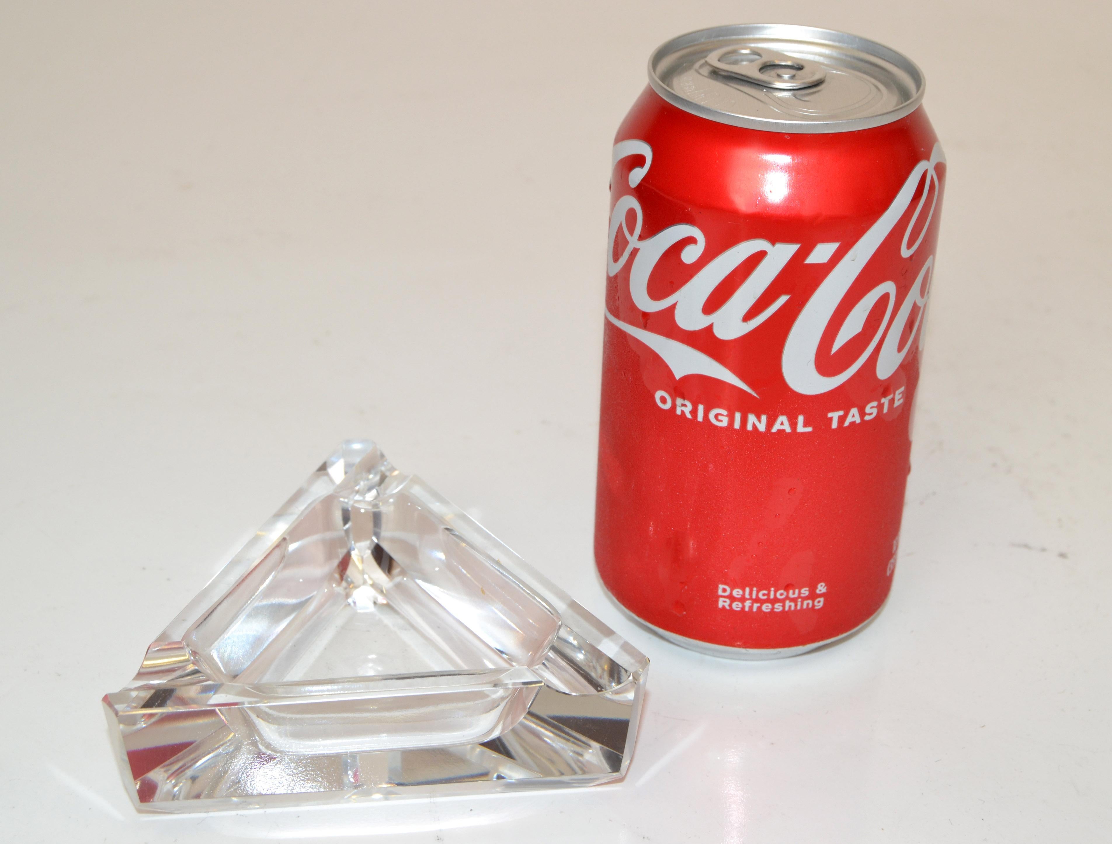 20th Century Ceska Crystal Prism Cut Triangle Ashtray Beveled Edges Art Deco Bohemian Glass  For Sale