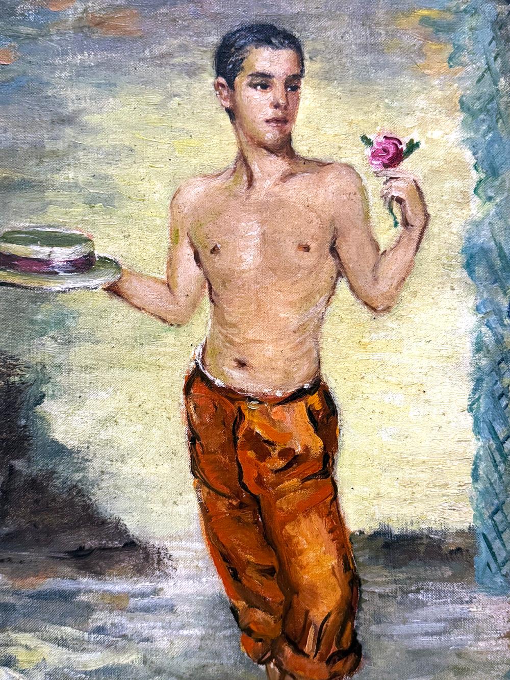 Dieses schrullige und etwas grenzüberschreitende Selbstporträt von Channing Weir Hare verweist auf sein fabelhaftes Leben in Palm Beach und Maine sowie auf die High Society, mit der er über Jahrzehnte hinweg gemalt und verkehrt hat.  Hier zeigt er