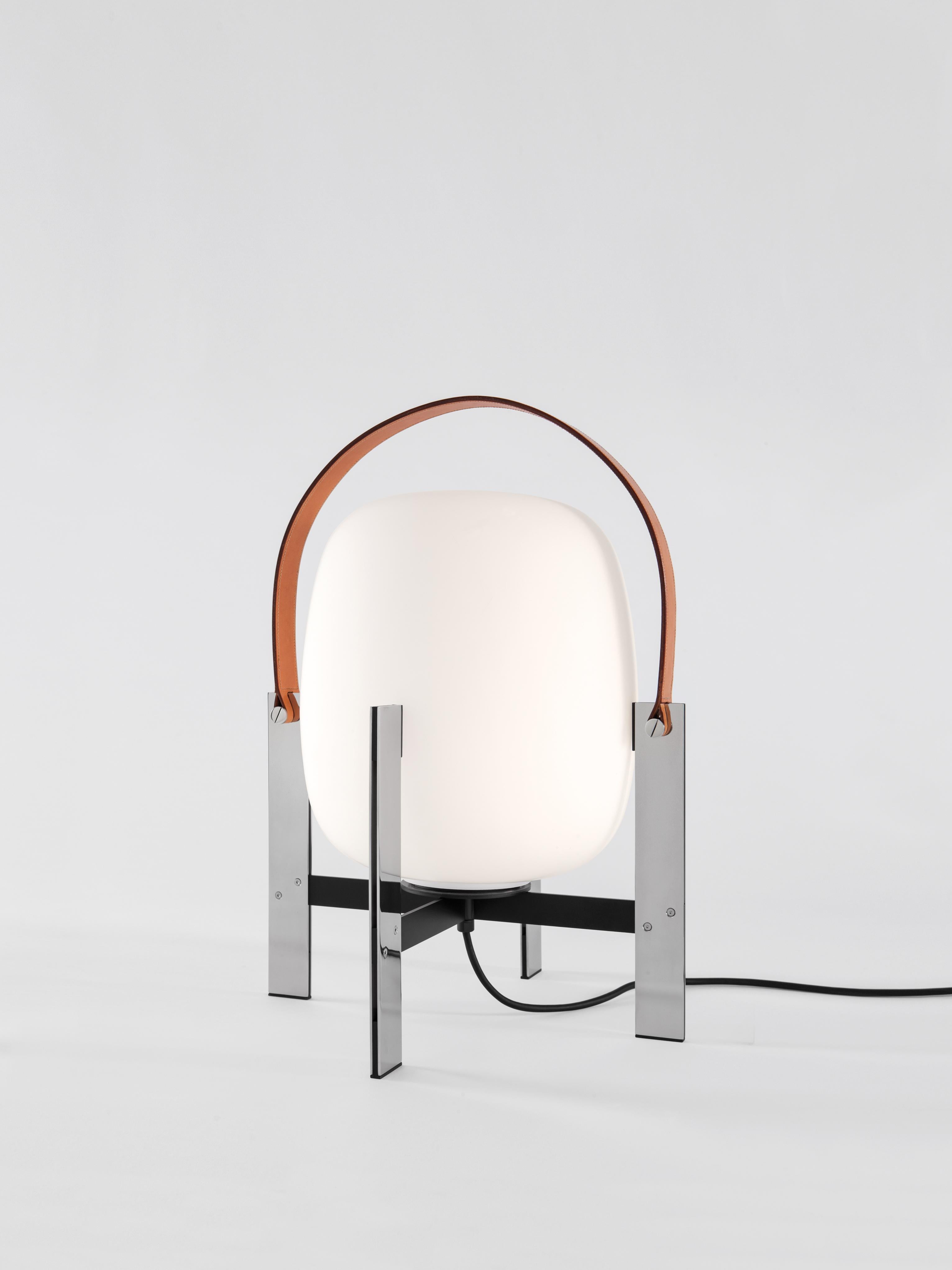 Modern Cesta Metálica with Leather Handle Table Lamp by Miguel Milá For Sale