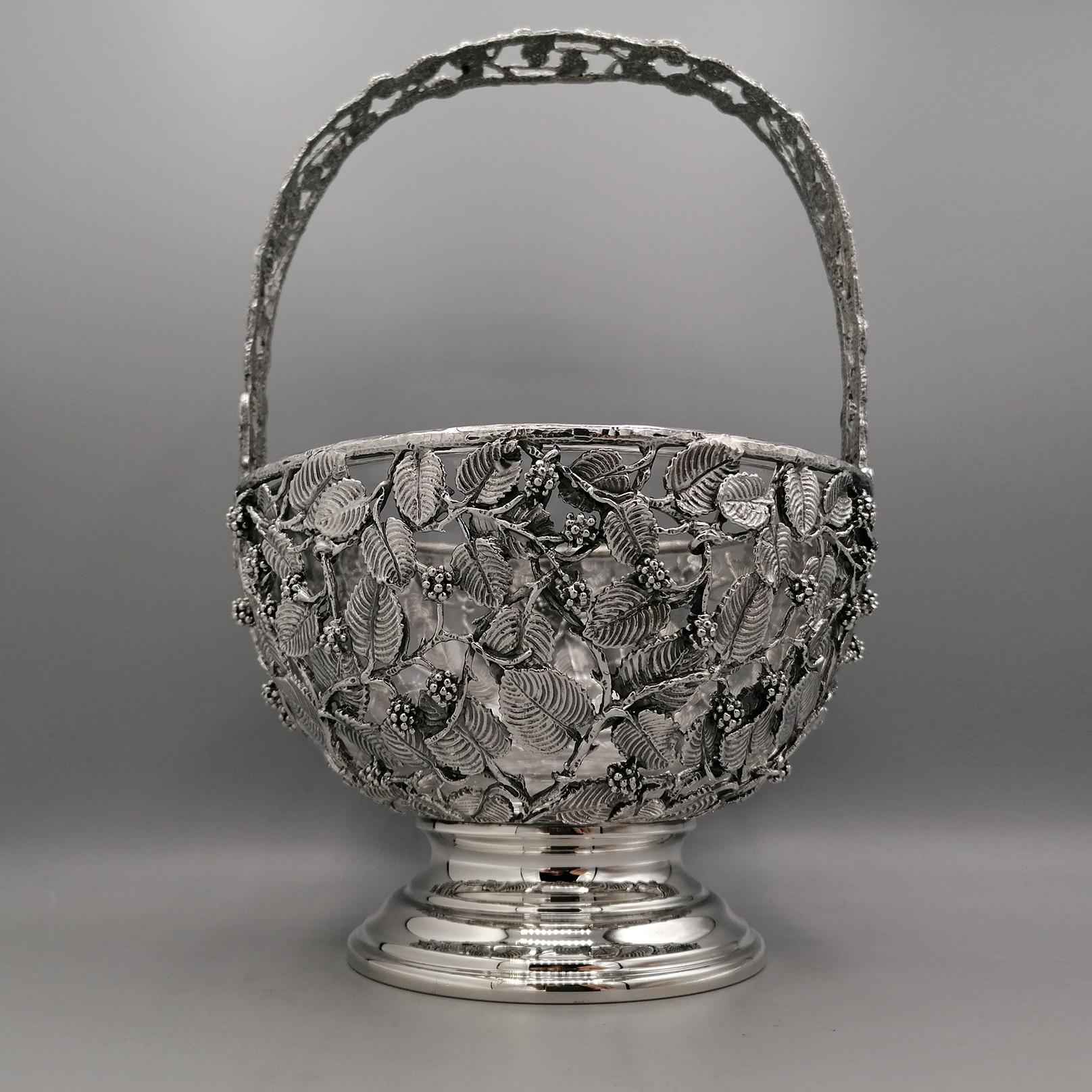 Forged 20th Century Italian Basket  sterling silver pierced with blackberries and leaves.  For Sale
