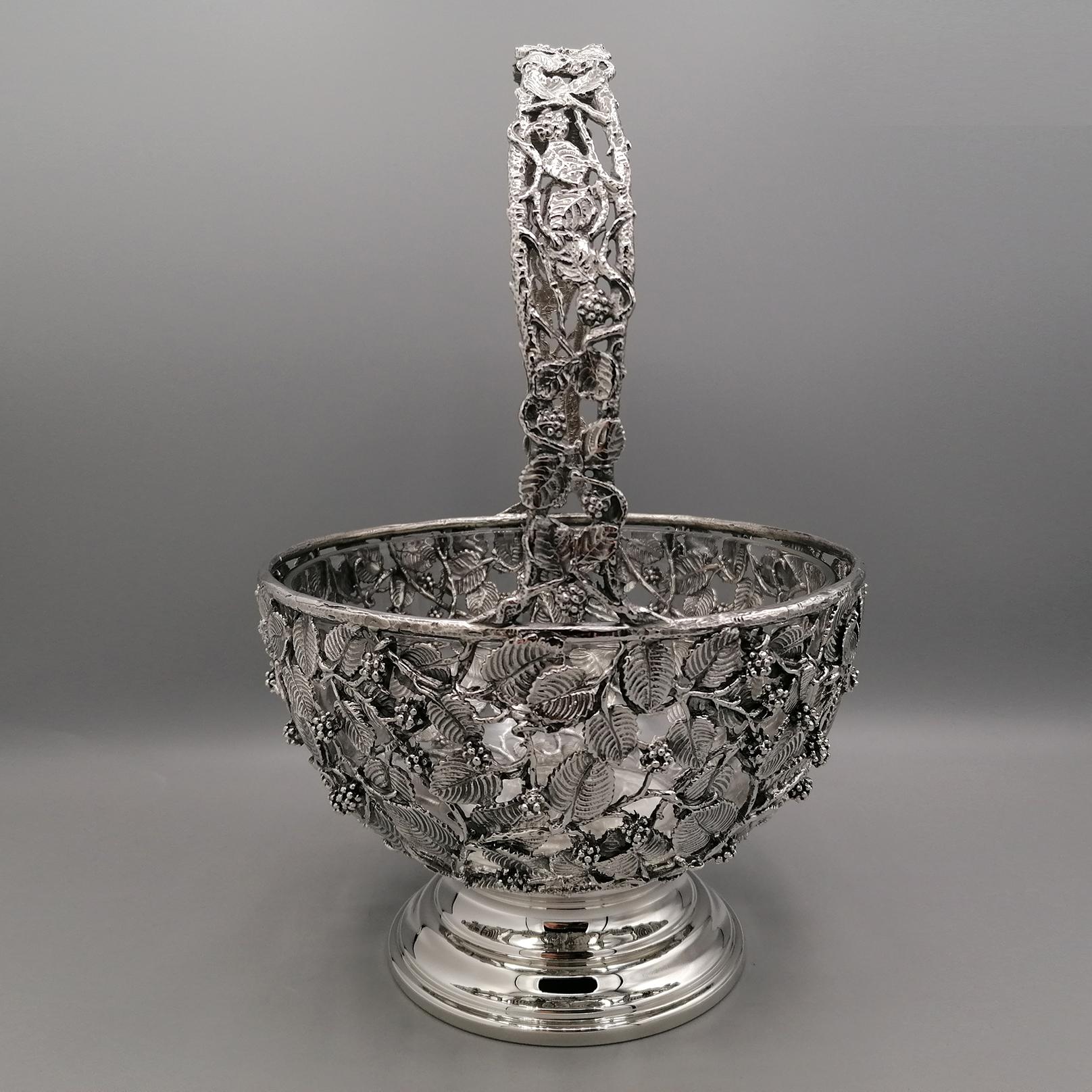 Sterling Silver 20th Century Italian Basket  sterling silver pierced with blackberries and leaves.  For Sale