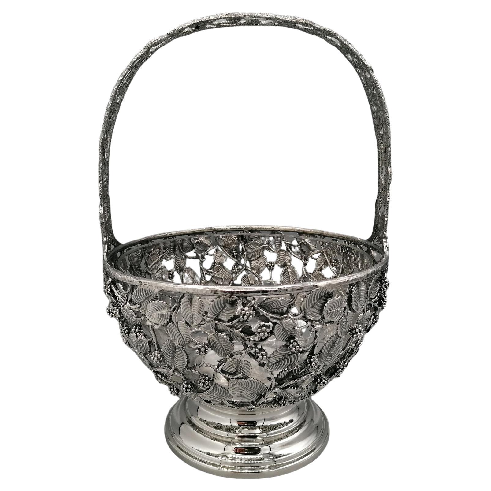 20th Century Italian Basket  sterling silver pierced with blackberries and leaves.  For Sale