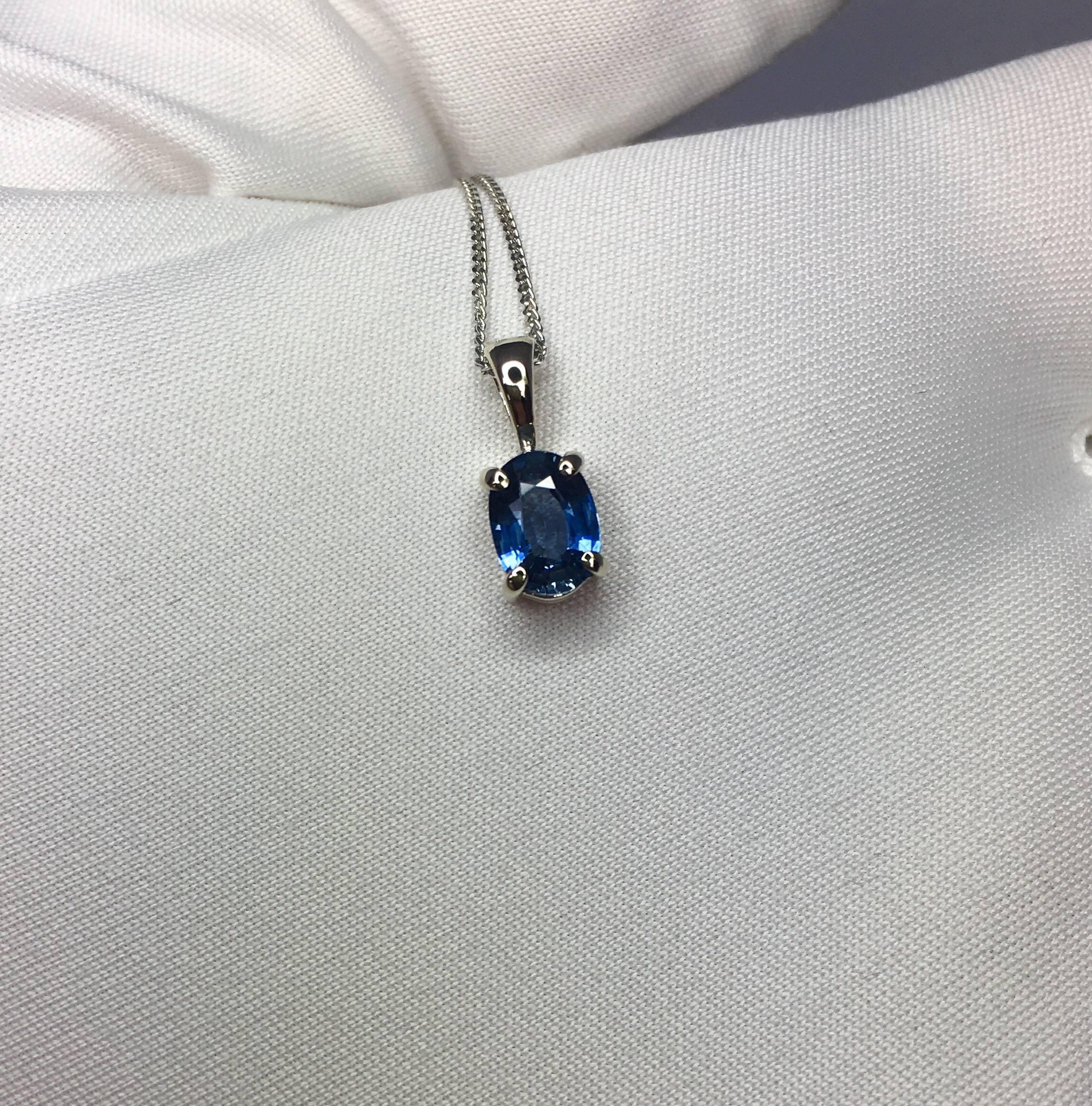 Ceylon 1 Carat Blue Sapphire 18 Karat White Gold Oval Cut Solitaire Pendant 1