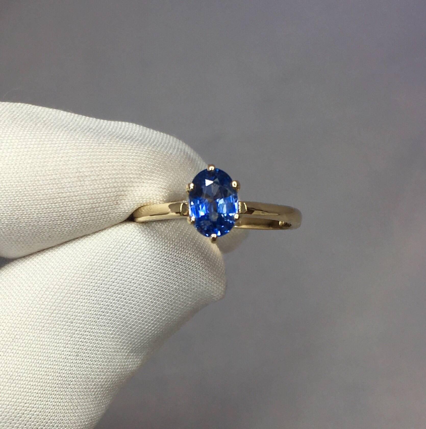 Stunning natural vivid blue ceylon sapphire set in a beautiful 14k yellow gold 6 prong solitaire ring. 

1.07 carat stone with a stunning blue colour and very good clarity.
Also has an excellent oval cut which shows lots of sparkle and light
