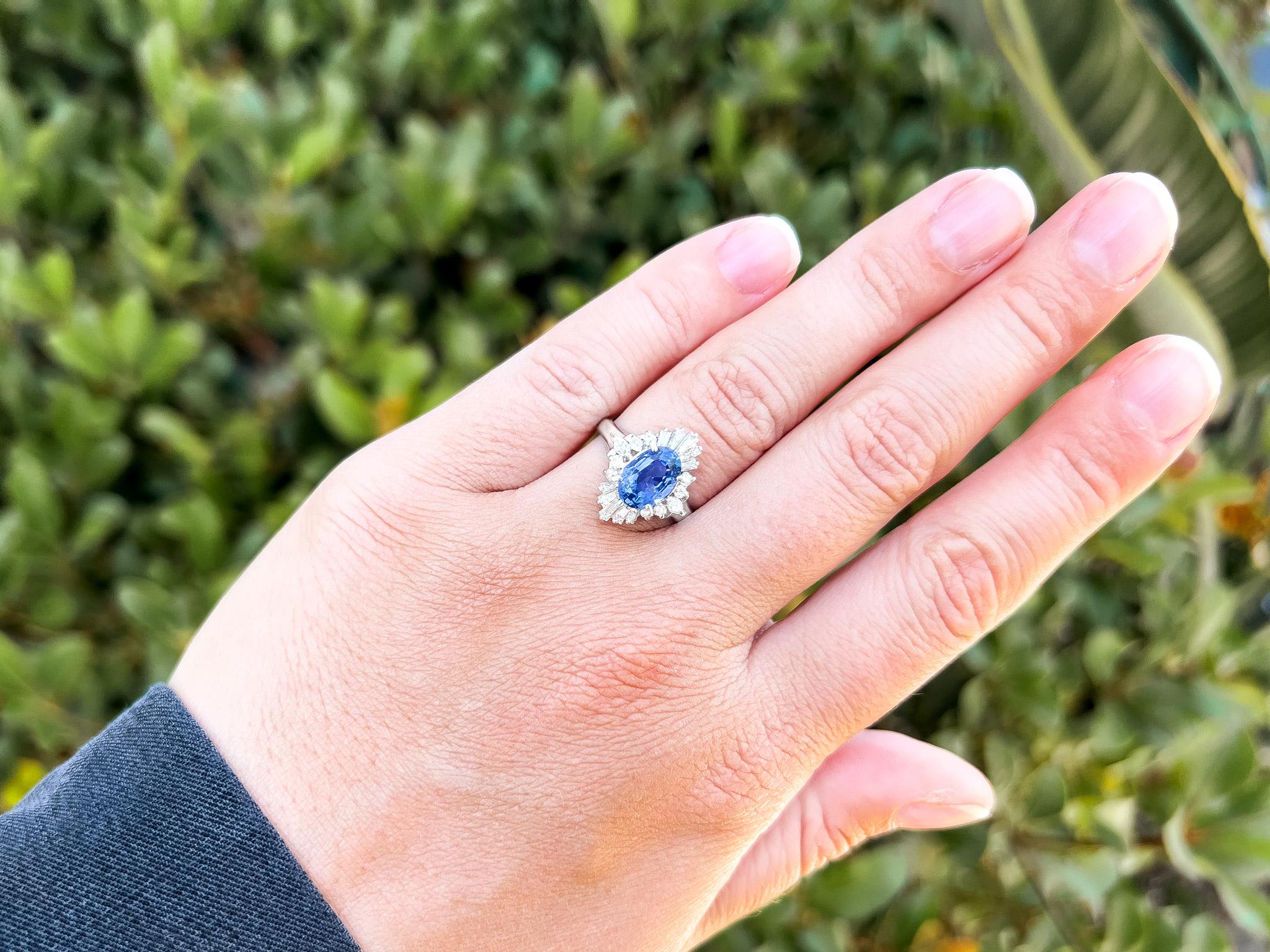Ceylon Sapphire = 2.95 Carat
Diamonds = 0.80 Carats
( Color: F, Clarity: VS )
Metal: Platinum
Ring Size: 6.5* US
*It can be resized complimentary