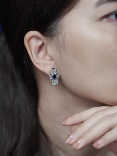 Ceylon and Diamond Art Deco Style Omega Back Earrings in 14K White Gold