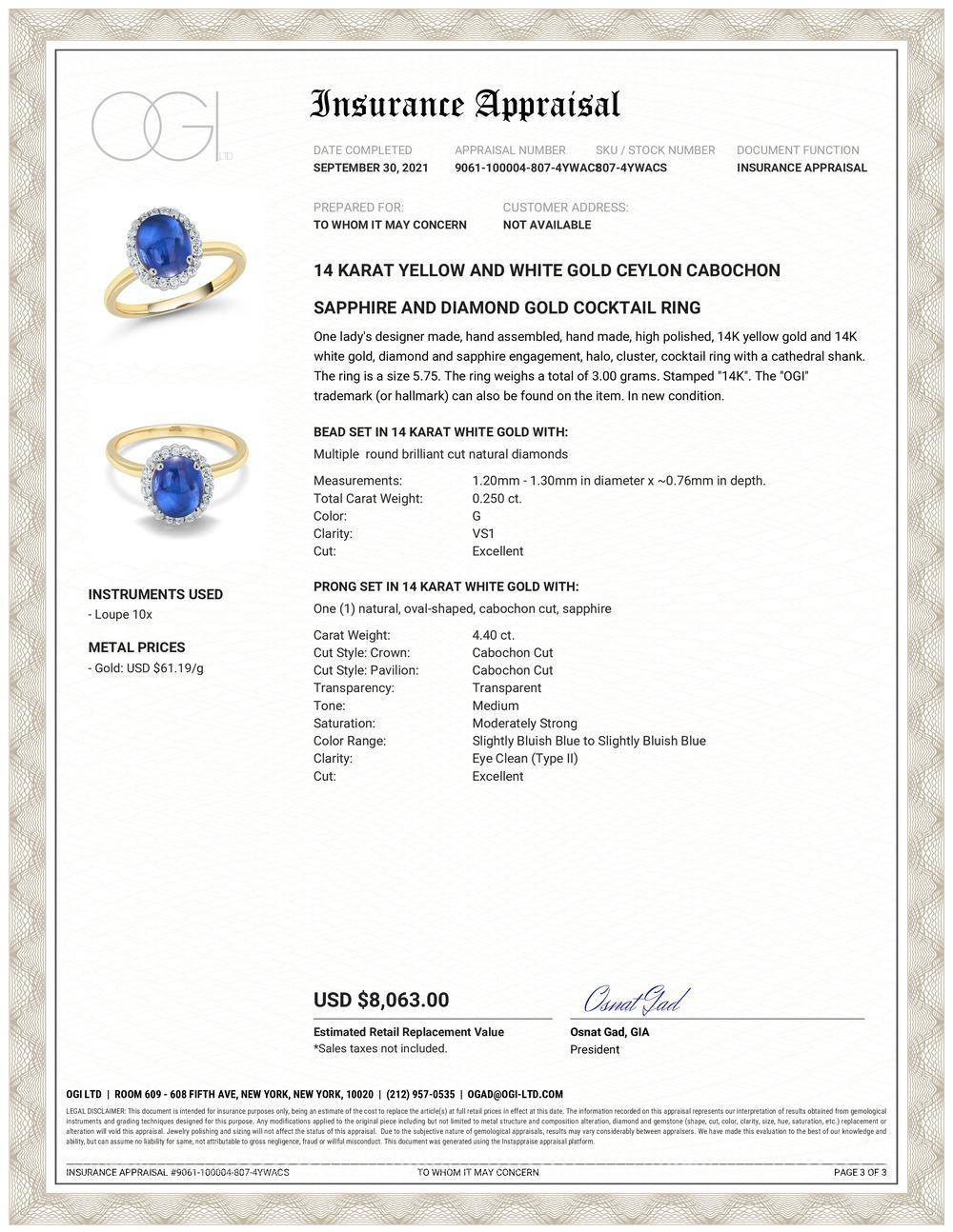 Fourteen karats two-tone yellow and white gold ring
Fine quality, bright and ocean blue Ceylon cabochon sapphire weighing 4.40 carat     
Ceylon sapphires were originally famous for their vibrant medium blue, yellow, and pink hues. ending supply of