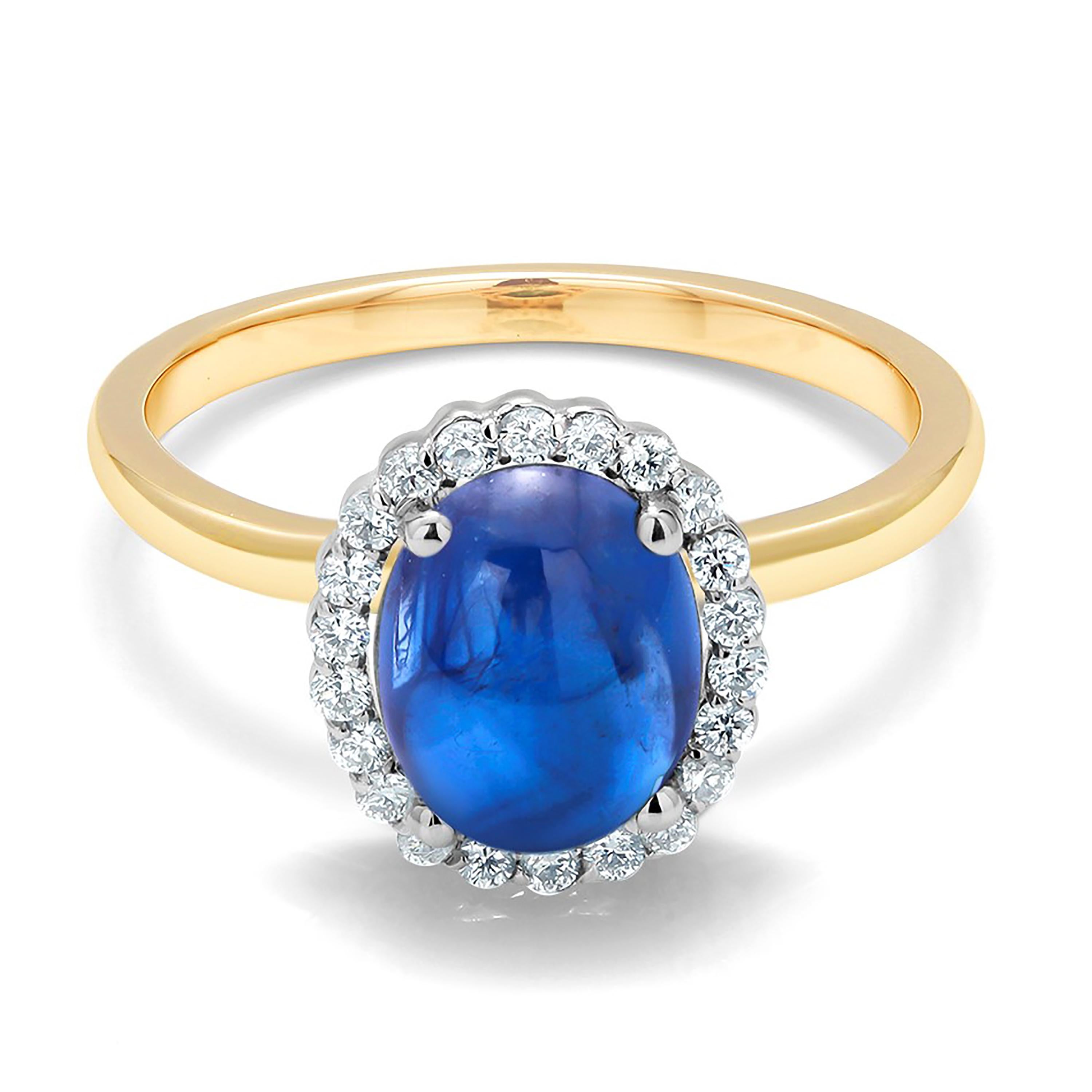 Oval Cut Ceylon Blue Cabochon Sapphire and Diamond Gold Cocktail Ring