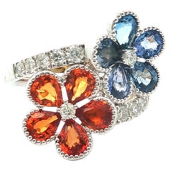 Anillo Flor de Diamantes Toi et Moi de Zafiro Azul y Naranja de Ceilán Bypass de Oro de 18K