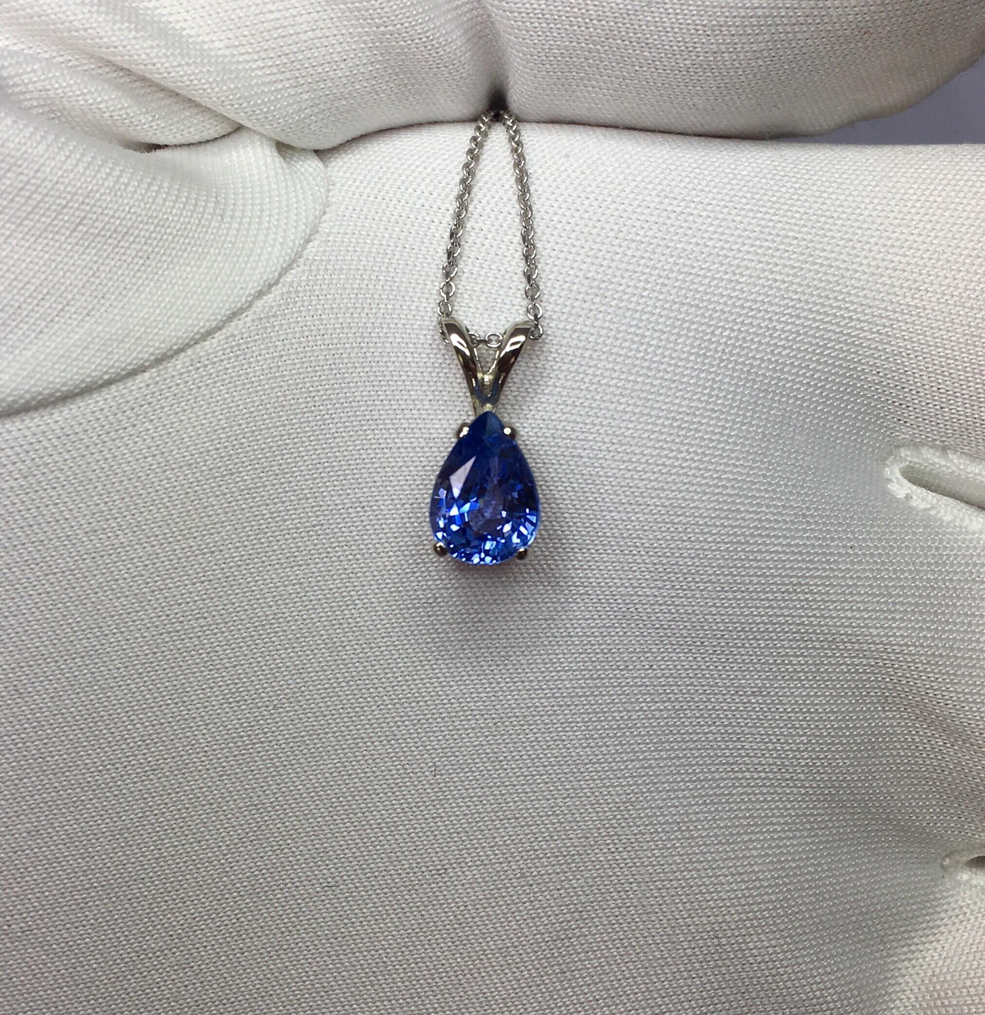 Beautiful 1.12 carat blue Ceylon Sapphire set in a fine 14k white gold solitaire pendant.

Stunning blue sapphire with vivid blue colour and excellent clarity. Very clean stone.

It also has an excellent pear/teardrop cut which shows lots of