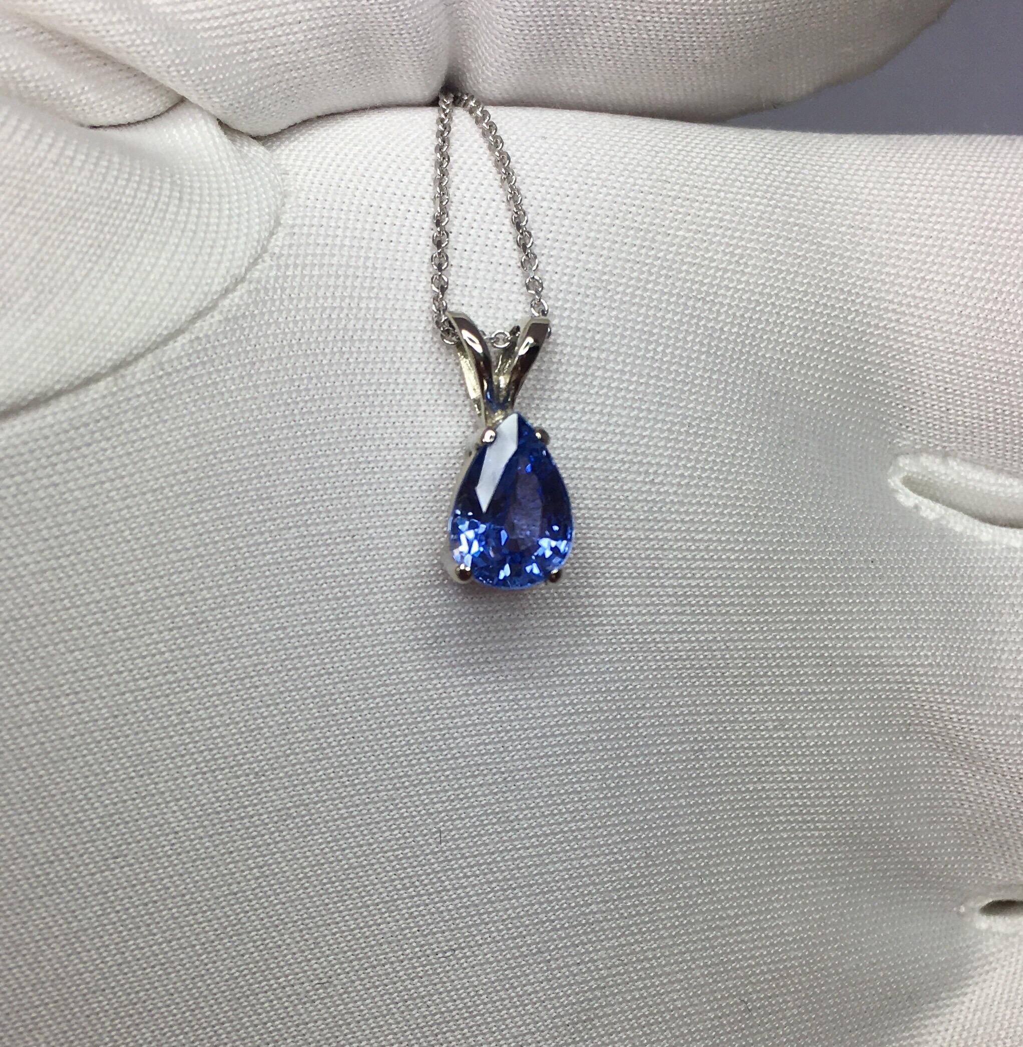 Women's or Men's Ceylon Blue Sapphire 1.12 Carat Pear Teardrop Cut White Gold Solitaire Pendant