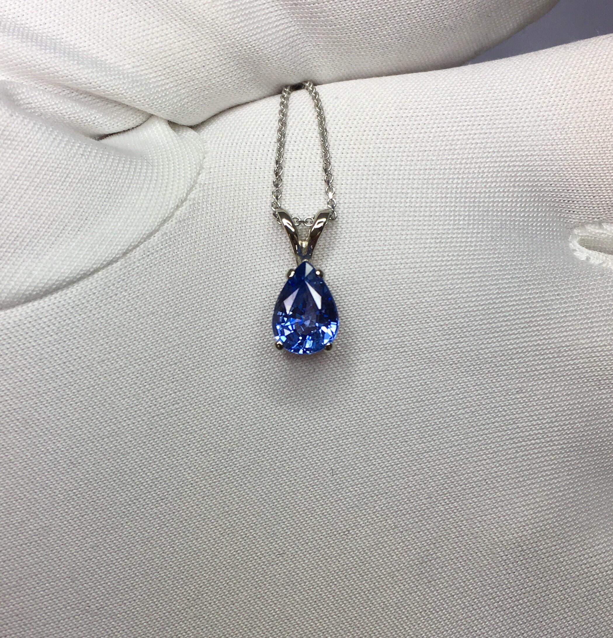 Ceylon Blue Sapphire 1.12 Carat Pear Teardrop Cut White Gold Solitaire Pendant 1