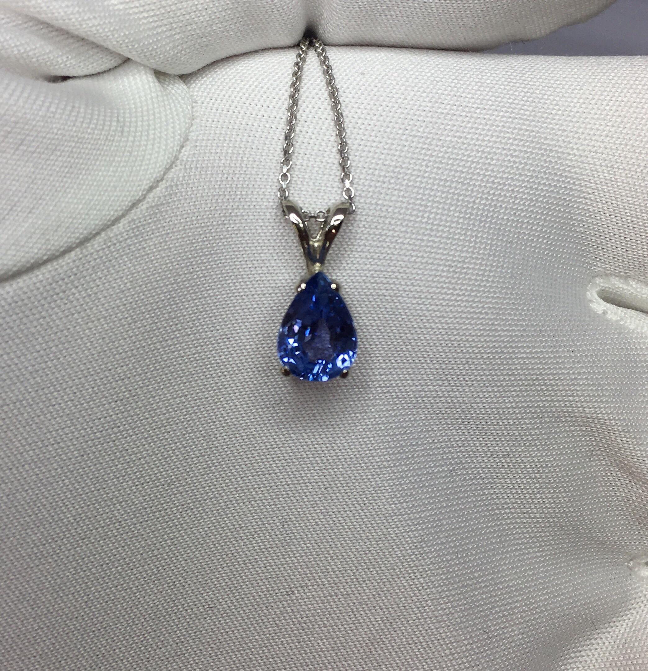 Ceylon Blue Sapphire 1.12 Carat Pear Teardrop Cut White Gold Solitaire Pendant 2