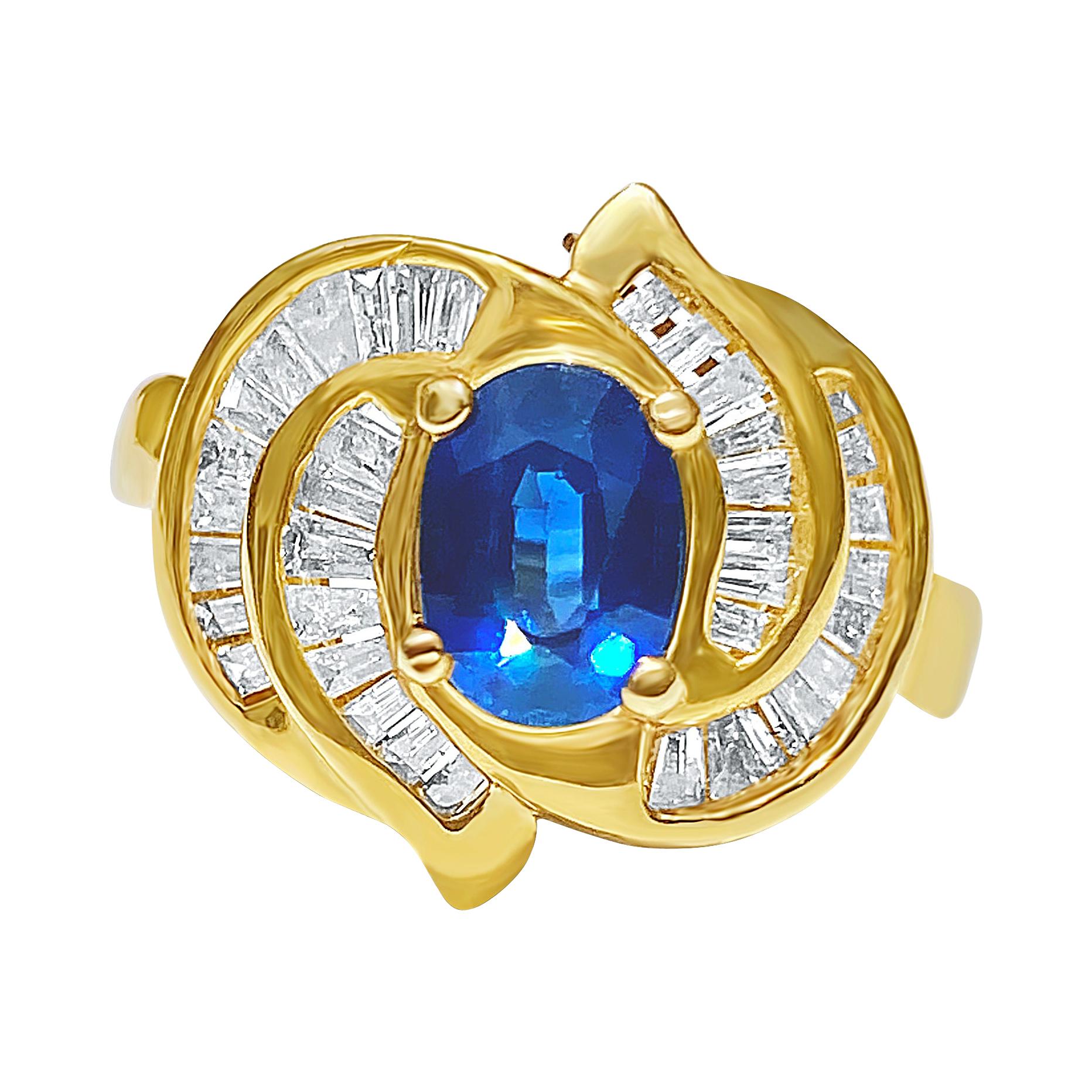 Bague cocktail en or jaune 14 carats avec saphir bleu de Ceylan et diamants taille baguette