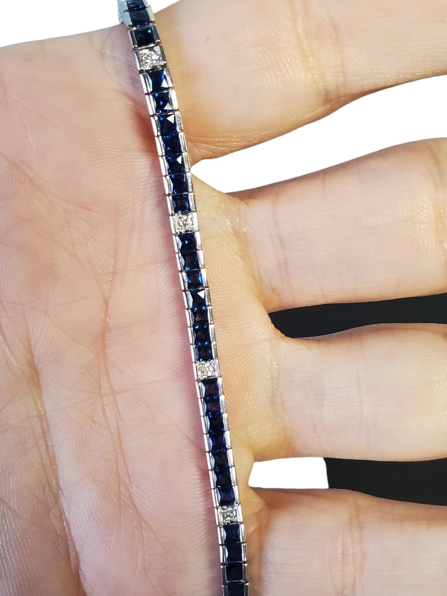 Modern Ceylon Blue Sapphire and Diamond 18k White Gold Line Bracelet 4.77tcw For Sale