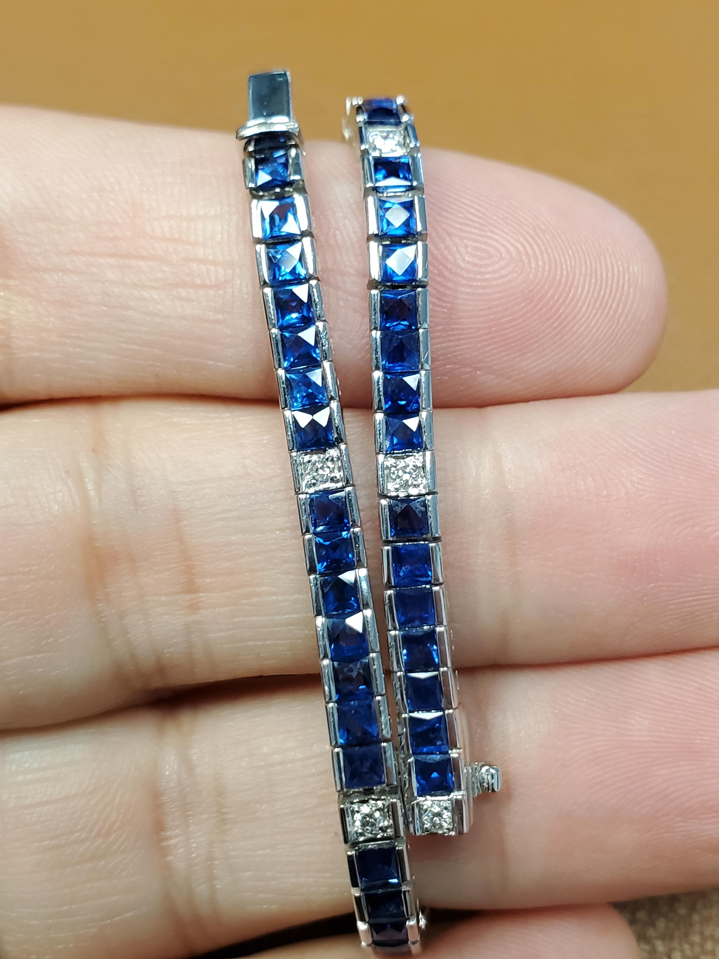 Ceylon Blue Sapphire and Diamond 18k White Gold Line Bracelet 4.77tcw In Excellent Condition For Sale In Overland Park, KS