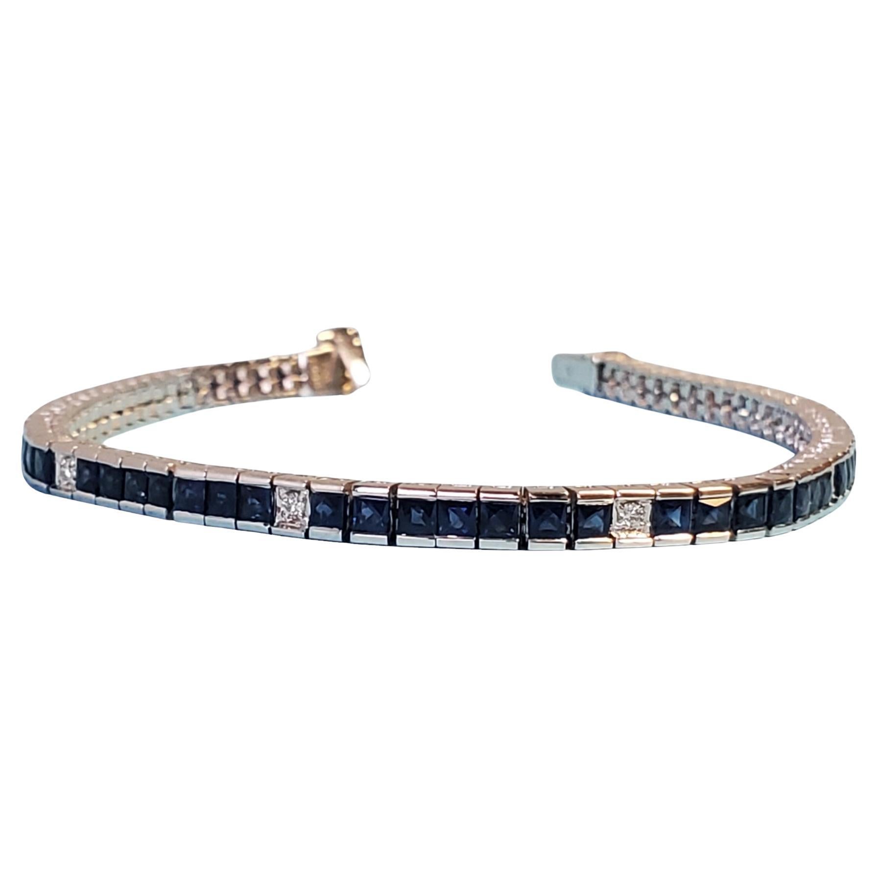 Bracelet ligne en or blanc 18k saphir bleu de Ceylan et diamant 4.77tcw