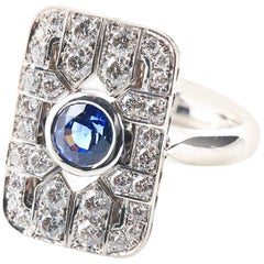 Ceylon Blue Sapphire and Diamond Art Deco Tablet Ring in 18 Karat White Gold