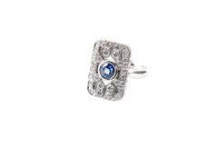 Ceylon Blue Sapphire and Diamond Art Deco Tablet Ring in 18 Karat White Gold