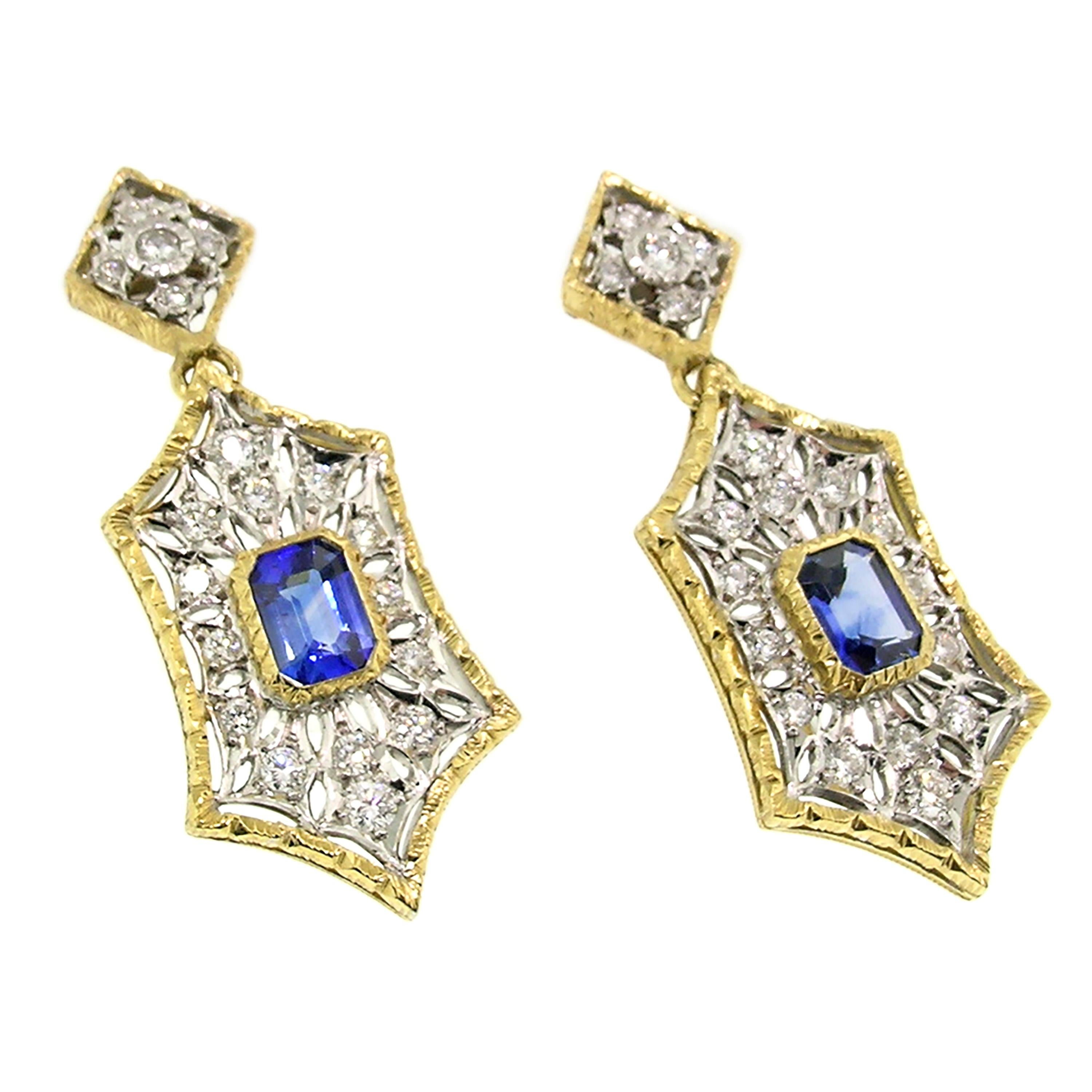 Emerald Cut 1.84ct Ceylon Sapphire and Diamond 18kt Earrings, Made in Italy by Cynthia Scott For Sale
