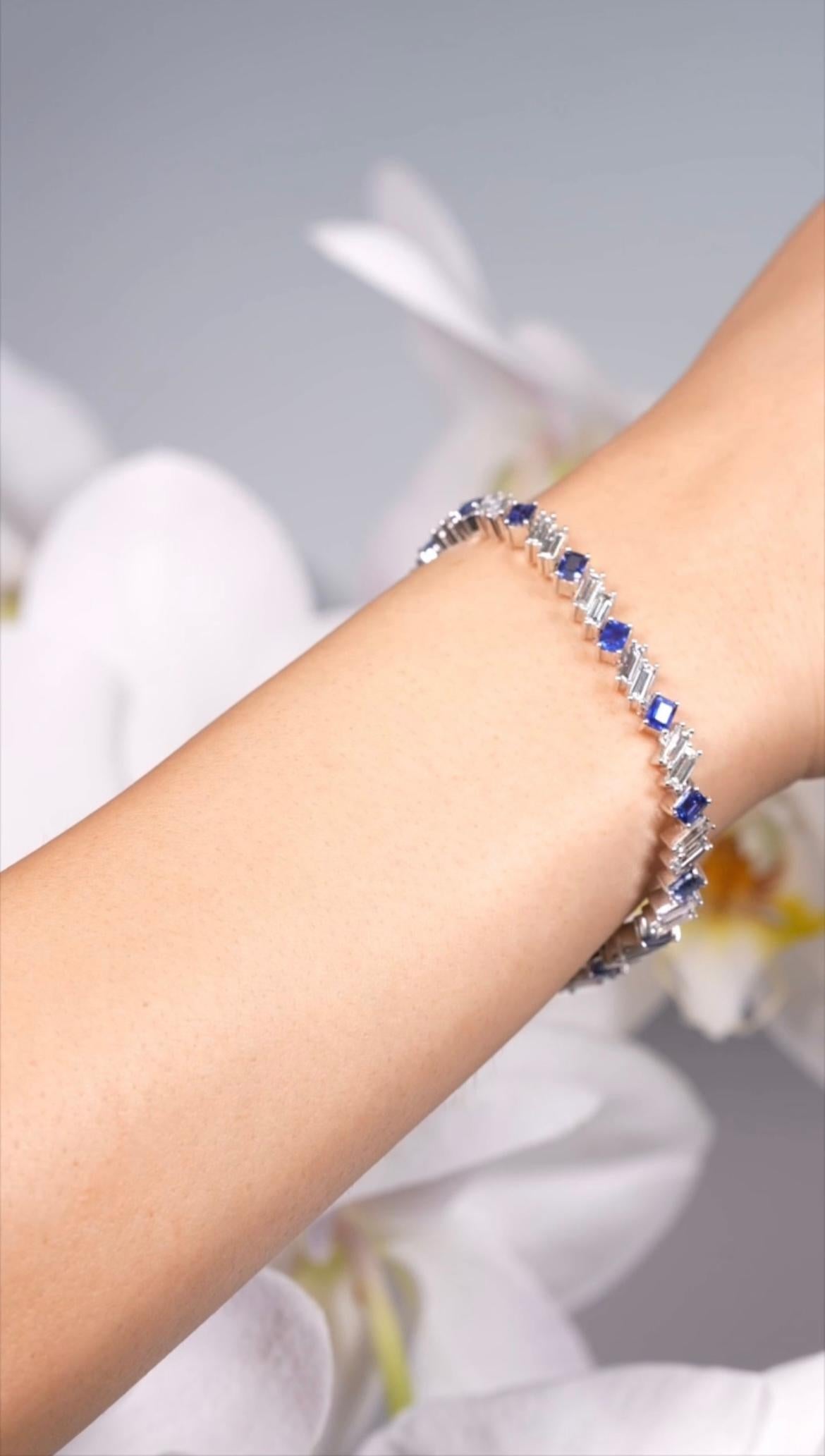 Baguette Cut Ceylon Blue Sapphire and Baguette Diamond Bracelet For Sale