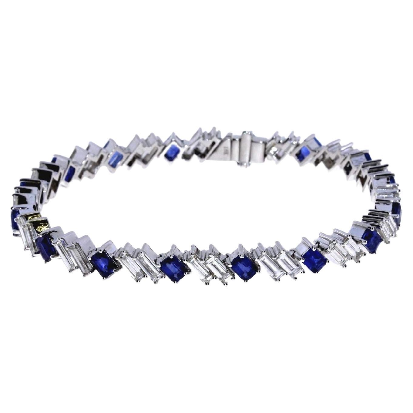 Ceylon Blue Sapphire and Baguette Diamond Bracelet For Sale