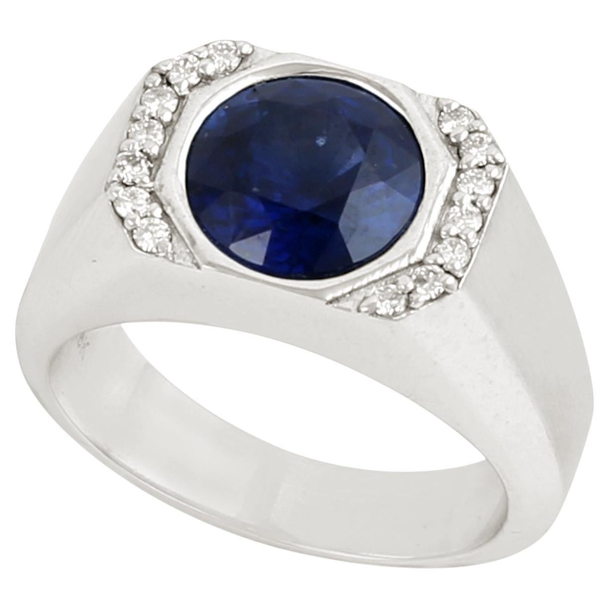 Ceylon Blue Sapphire Band Ring With Diamonds Made In 18k White Gold