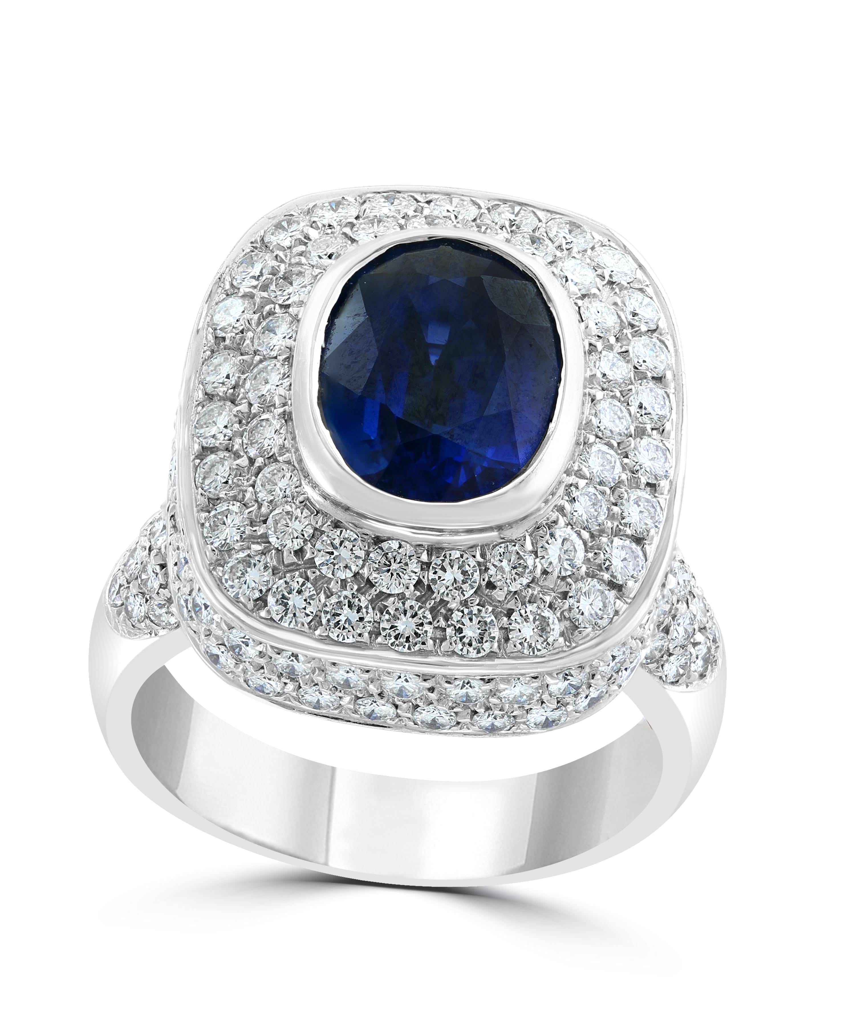 Ceylon Blue Sapphire and Diamond 18 Karat White Gold Cocktail Ring For Sale  at 1stDibs