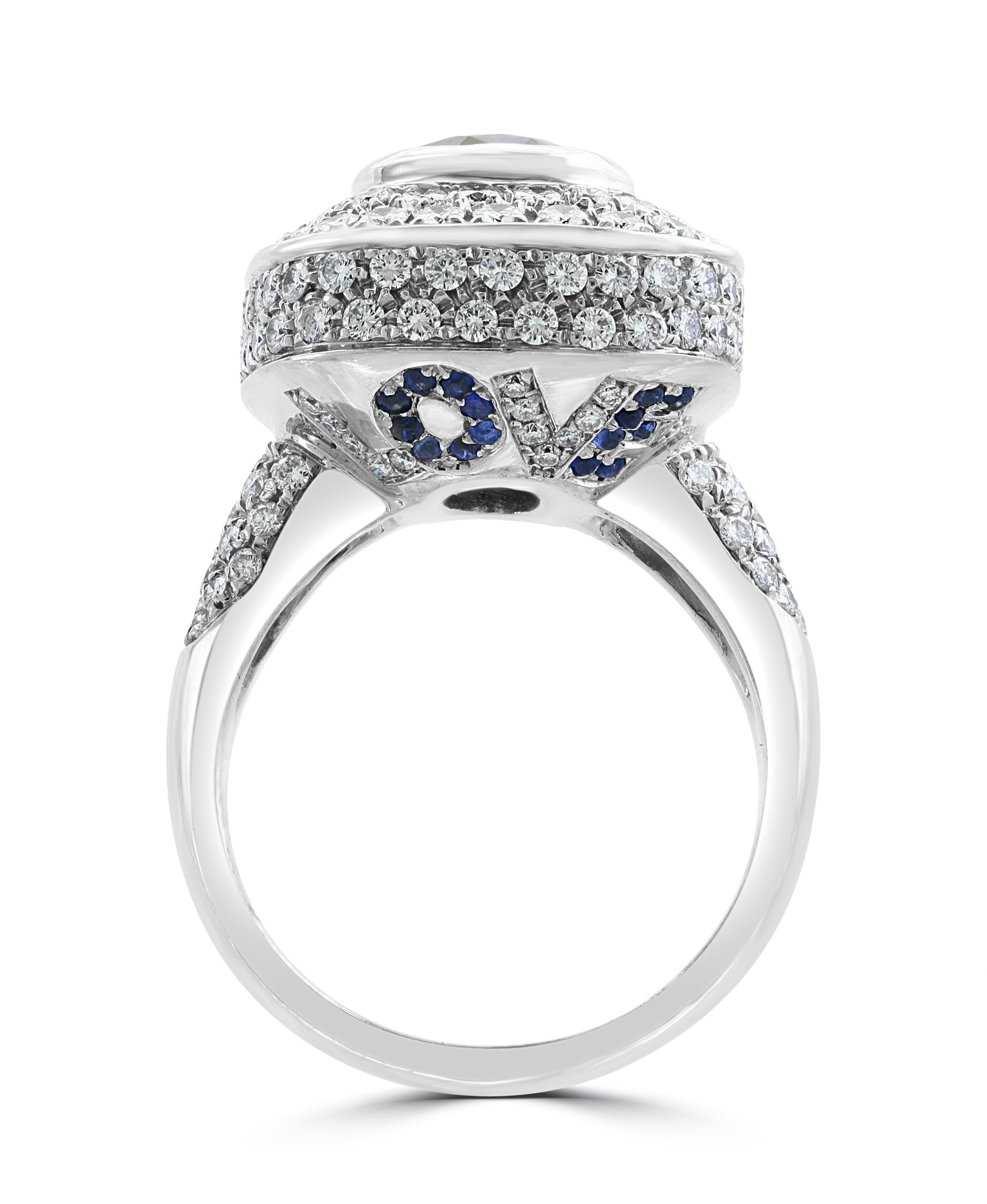 Women's or Men's Ceylon Blue Sapphire and Diamond 18 Karat White Gold Cocktail Ring For Sale