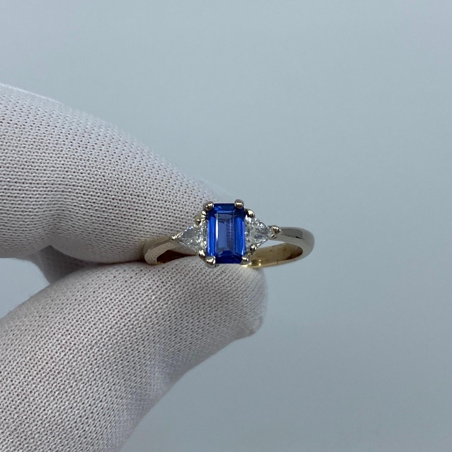 Ceylon Blue Sapphire & Diamond Trillion 3 Stone 18k White Gold Handmade Ring For Sale 2