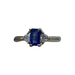 Ceylon Blue Sapphire & Diamond Trillion 3 Stone 18k White Gold Handmade Ring