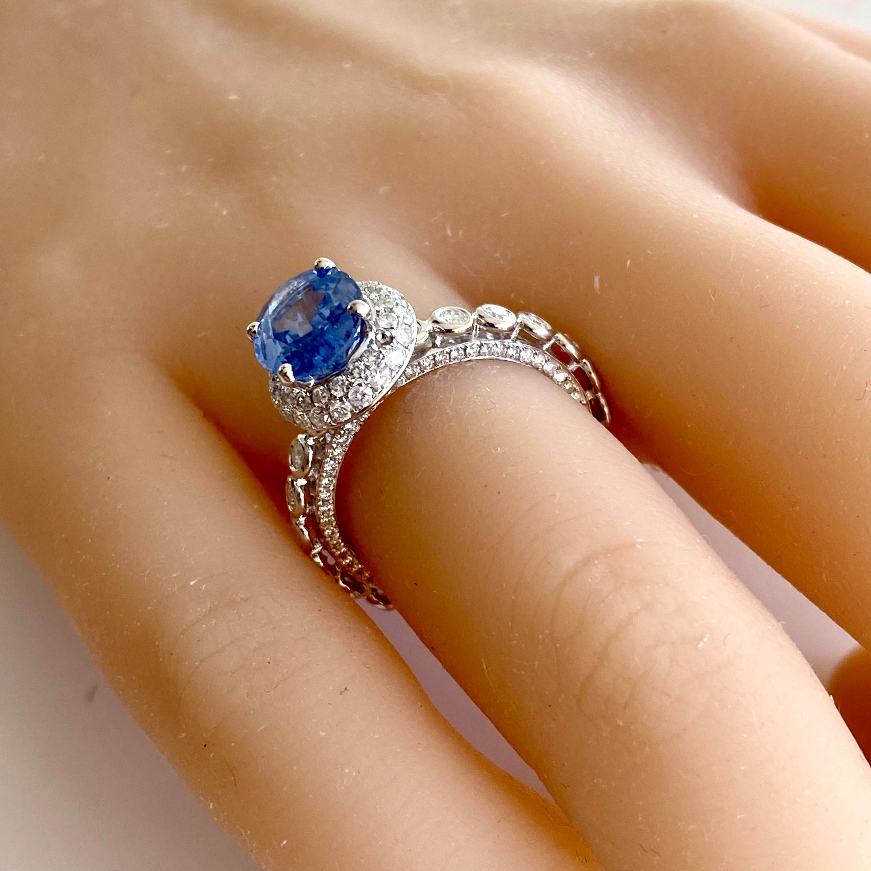 Ceylon Sapphire Diamonds 4.31 Carat Eighteen Karat Gold Cocktail Ring Size 6 For Sale 7