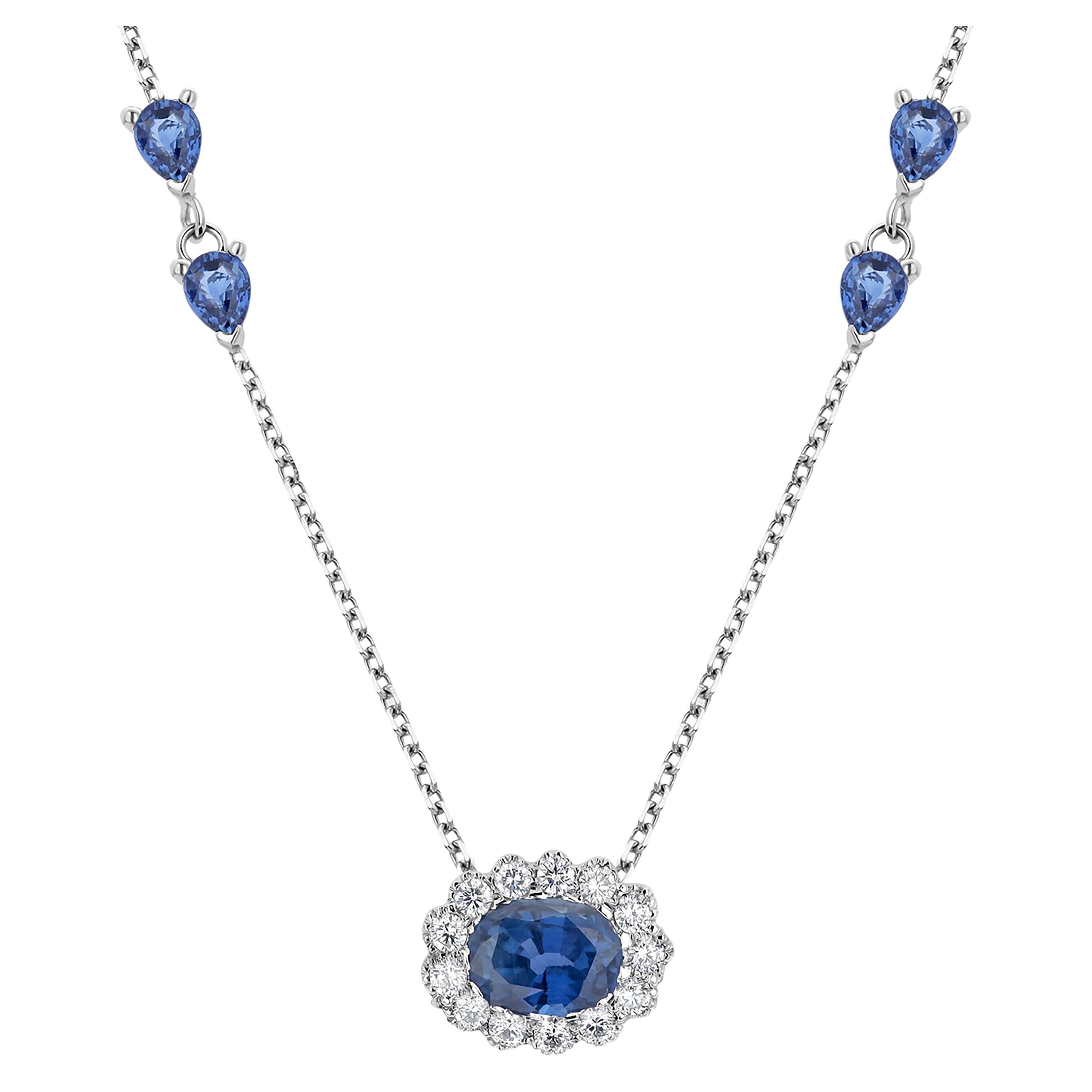 Ceylon Blue Sapphire Diamonds Pear Sapphire Drop White Gold Necklace