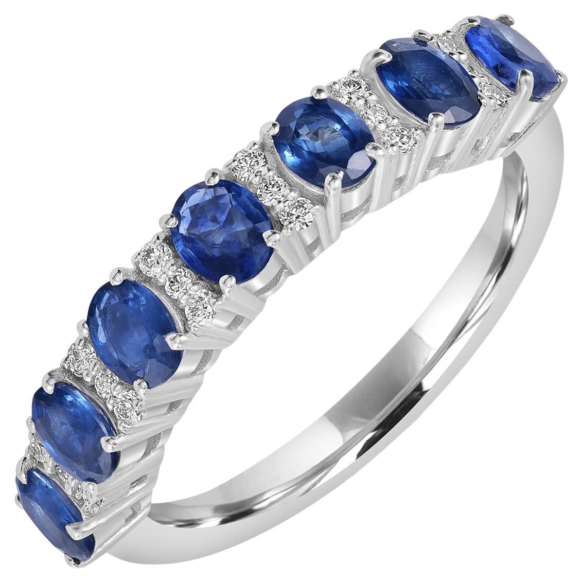 Bague demi-éternité en or blanc 18k avec saphir bleu de Ceylan et diamants