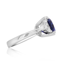 Ceylon Blue Sapphire Half Moon Diamond Platinum Three Stone Engagement Ring