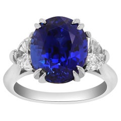 Ceylon Blue Sapphire Half Moon Diamond Platinum Three Stone Engagement Ring