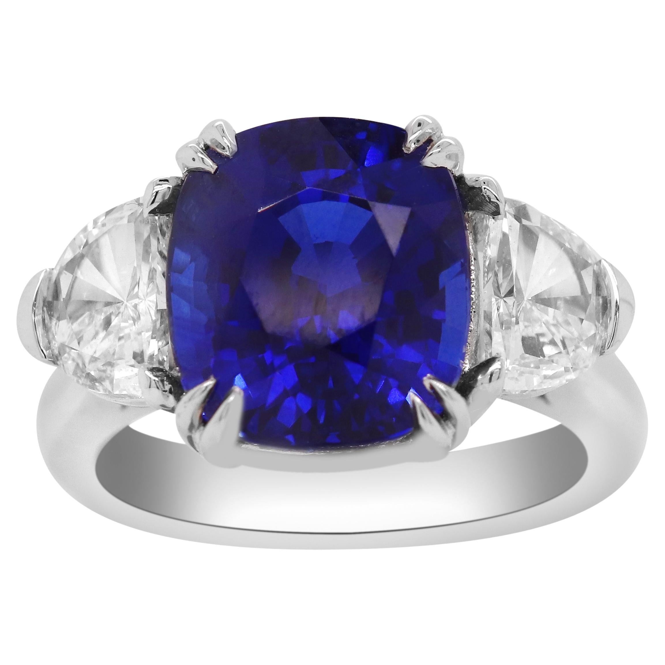 Ceylon Blue Sapphire Half Moon Diamond Platinum Three Stone Engagement Ring 