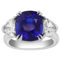 Ceylon Blue Sapphire Half Moon Diamond Platinum Three Stone Engagement Ring 