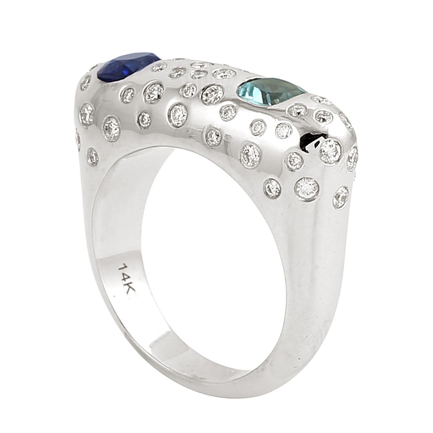 Taglio misto Anello con zaffiro blu di Ceylon e tormalina menta con diamanti in oro bianco 14k in vendita