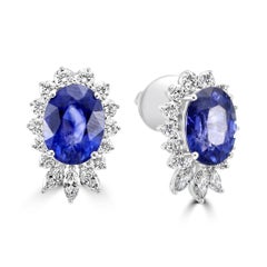 Boucles d'oreilles fantaisie de Ceylan en or 18 carats, saphir bleu, diamant ovale, rond et marquise