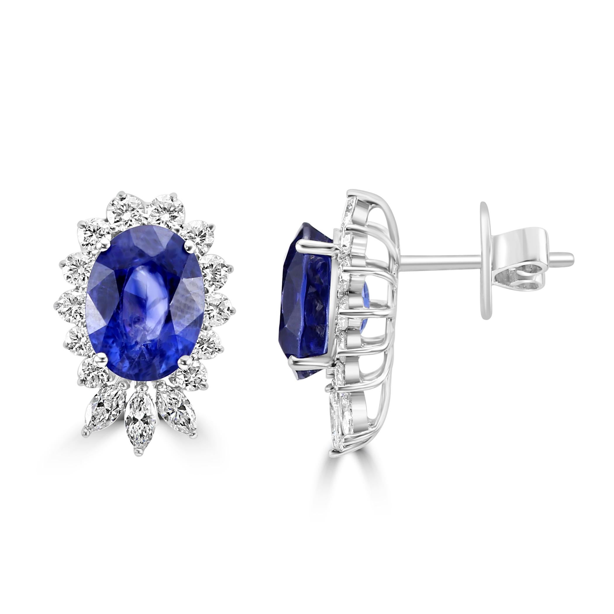 Moderne Boucles d'oreilles fantaisie de Ceylan en or 18 carats, saphir bleu, diamant ovale, rond et marquise en vente